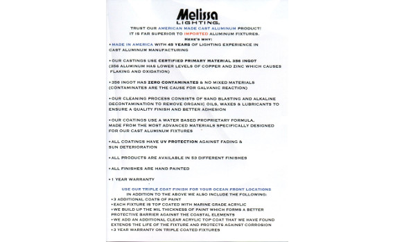 Melissa Lighting Information